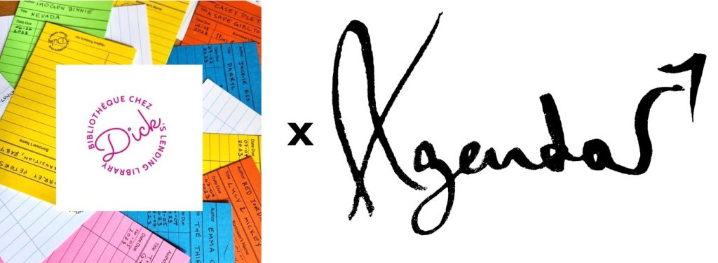 a banner ft., on the left, dick's pink circular logo surrounded by colorful catalogue cards, and, on the right, Éditions Agenda's logo, the word Agenda, written in cursive black ink.
